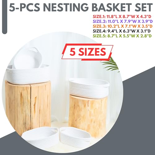 Image of MINTWOOD Design 5-Piece Small Decorative Woven Storage Baskets Set for Shelves and Catch All Tray with Handles for Organizing Gifts, Dog and Cat Toys, Bathroom Accessories, Full White