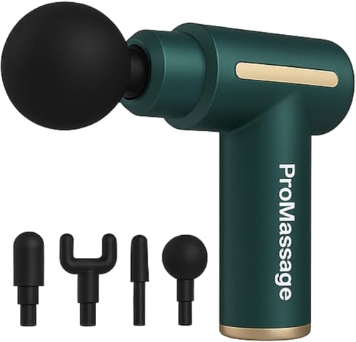 ProMassage – Professional Cordless Deep Tissue Massager | Handheld Percussion Massage Gun with Multiple Modes, Button Control, 4 Attachments & Travel-Friendly Design Green
