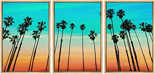 wall26 - 3 Piece Framed Canvas Wall Art - California Sunset Palm Tree Rows in Santa Barbara US - Modern Home Art Stretched and Framed Canvas Ready to Hang - 16"x24"x3 Natural