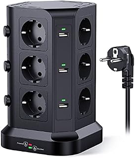 KOOSLA Wieża zasilająca odgromnik i przepięcie (4000W/16A), zasilacz elektryczny z 6 portami USB i 12 gniazdami, listwa zasilająca z 3 przełącznikami, przewód 2M, czarny