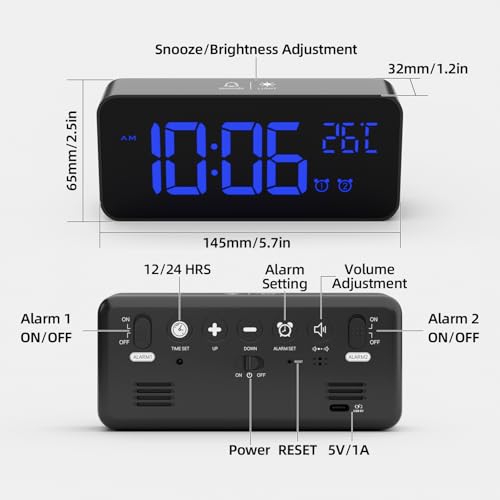 Image of Digital Alarm Clock with LED Display, Portable Mirror Alarm Clock with Double Alarm Snooze Time 4 Levels of Brightness Adjustable Dimmer 10 Music Charging Port