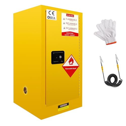 Flammable Cabinet, 18 Gallon Hazardous Storage Cabinets, Galvanized Steel Safety Storage Cabinet, Adjustable Shelf Fireproof Cabinet, for Commercial Industrial and Home Use, Yellow, 35H x 18W x 18.2D