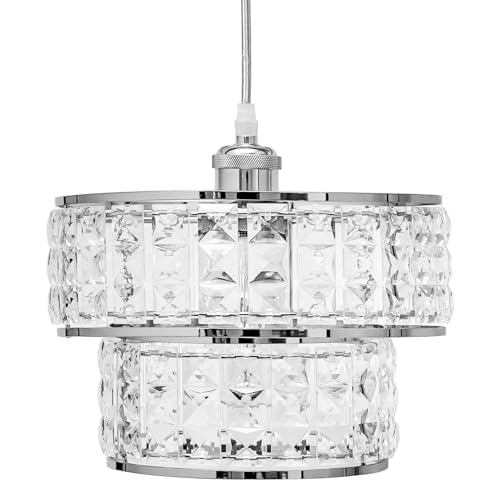 Image of Acrylic 2 Tier Ceiling Pendant Light Shade, Crystal Effect Drum Lampshade