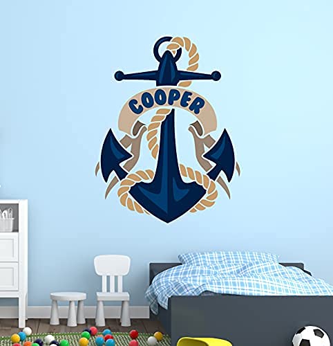 Anchor Name Wall Decal - Boys Nautical Decals - Baby Sailor Vinyl Wall Decals - Nautical Nursery Personalized Name Wall Decal Sticker (18"W x 24"H)