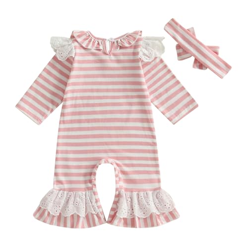 Baby Girl Thanksgiving Clothes Long Sleeve Ruffled Rugby/Turkey Embroidery Striped Jumpsuit with Headband Set 2Pcs2