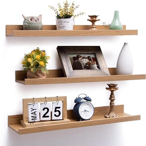 Image of Aries Wooden Floating Wall Shelf| Wall Rack Shelf | Wall Mount for Living Room, Bedroom, Kitchen (Ledge, Set of 3, Oak, Large)
