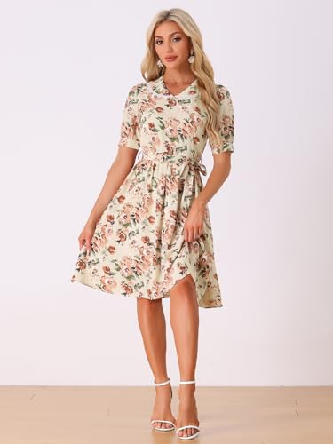 Image of Allegra K Women's Vintage Peter Pan Collar High Waist Flowy Midi Puff Sleeve Floral Dress
