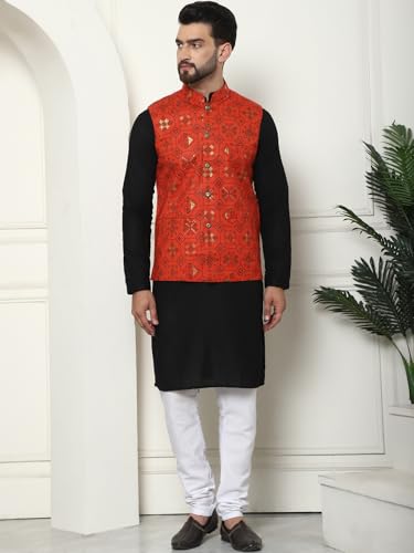 Image of SOJANYA (Since 1958 Men's Cotton Linen Maroon Kurta and White Pyjama with Mustard Cotton Nehru Jacket