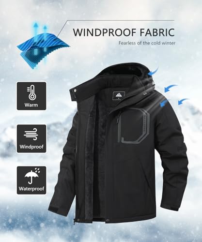 Men's Ski Jacket with Hooded Snowboarding Waterproof Fleece Lining Jacket Winter Coat Multi Pockets - Image 3