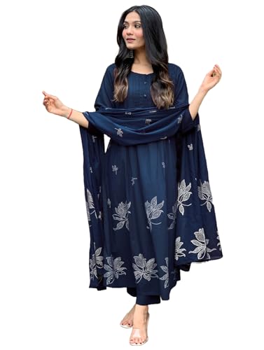 Image of GoSriKi Women's Rayon Blend Anarkali Printed Kurta with Pant & Dupatta | Ethnic Kurta Pant Dupatta Set for Women | Traditional Indian Wear Outfit