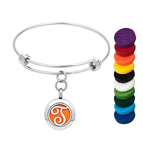 LoEnMe Jewelry Aromatherapy Essential Oil Diffuser Silver Charm T Initial Letter Bangle Monogram Bracelet