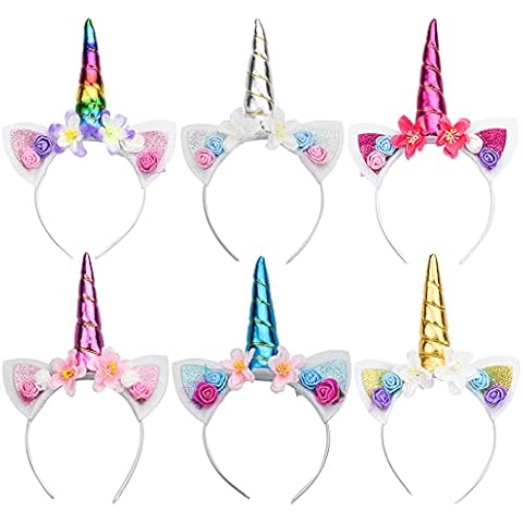 TEESIN 6pcs Unicorn Horn Headband, Unicorn Hairband Rainbow Color Hair Hoop Hair Accessories with Flower Ears for Girls Kids Adults Halloween Party Birthday Cosplay Festivals Cover