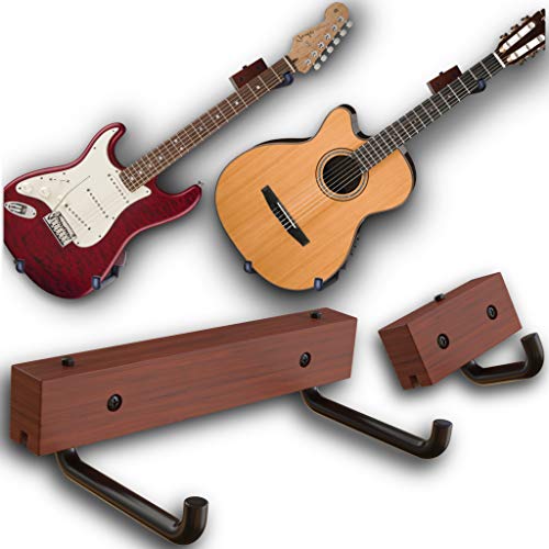 Angled Guitar Hanger Tilt and Display Your Guitar, Ukulele, Bass, Banjo at a Slanted Angle Sideways - Hang for easy access (Dark Stain)