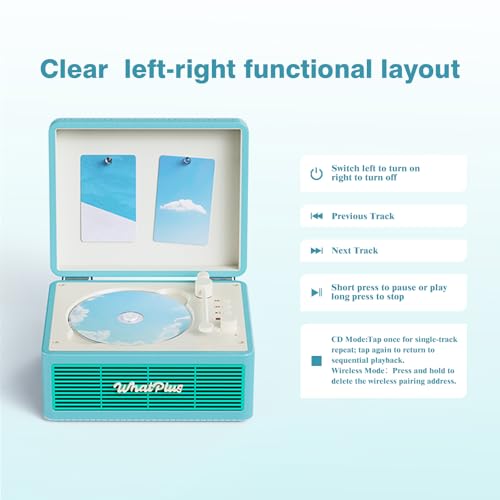 Image of CD Player with Bluetooth Speaker, High-Fidelity Sound, App-Controlled, Magnetic Display for Photos & Pins, Retro Desktop Music Player, Gift for Music Lovers (Light Blue)