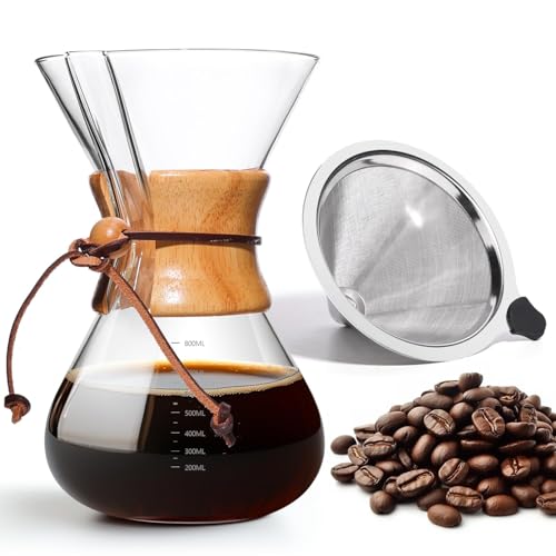 Yopinmall Pour Over Coffee Maker 27 OZ, 8 Cup Borosilicate Glass Drip Coffee Maker with Reusable Stainless Steel Filter and Cork Grip for Home Café 800 ML