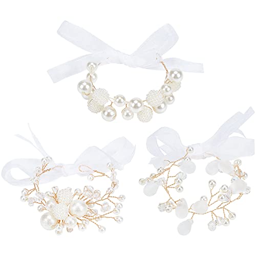 WEBEEDY 3 Pcs Wedding Bridal Bridesmaid Hand Flower Pearl Drop Wrist Flower for Prom Wrist Corsage Bracelets Photograph Decor Supplies Wedding Flowers Accessories