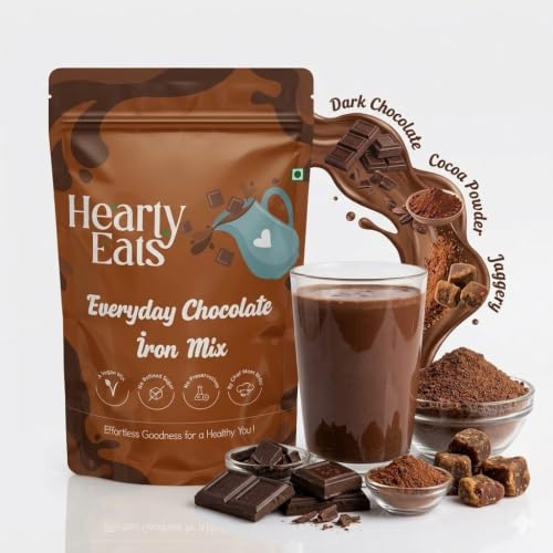 Image of Hearty Eats Everyday Chocolate Iron Mix | Thick & Chocolatey Drink | Take Hot or Cold | Vegan & No Preservatives Ready in 2 minutes (225 Grams, Pack of 2)