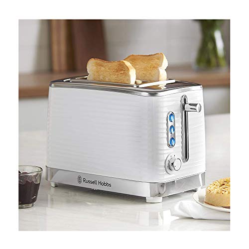 Russell Hobbs Inspire 2 Slice Toaster (Extra wide slots, High lift feature, 6 Browning levels, Frozen/Cancel/Reheat function with Blue LED illumination, 1050W, White textured high gloss) 24370