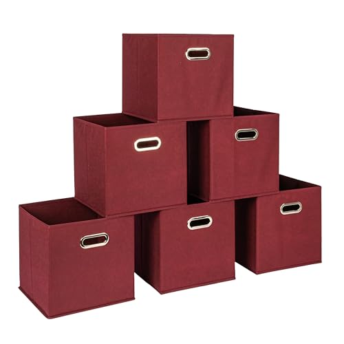 Household Essentials Fabric Storage Cube Bins, 6 Piece Set, Strong Poly-Woven Fabric, Chipboard Sides, Grommet Front Handle, Stackable and Foldable, Classic Design, Burgundy