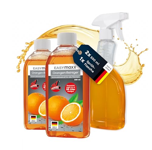 EASYmaxx Reinigungs-Konzentrat Orange 2x500ml Set mit Sprühflasche | Ergibt 100 Liter Allzweckreiniger | Mühelose Reinigung von allen Flächen | Ideal für Kochfelder Grillroste Backöfen u.v.m.