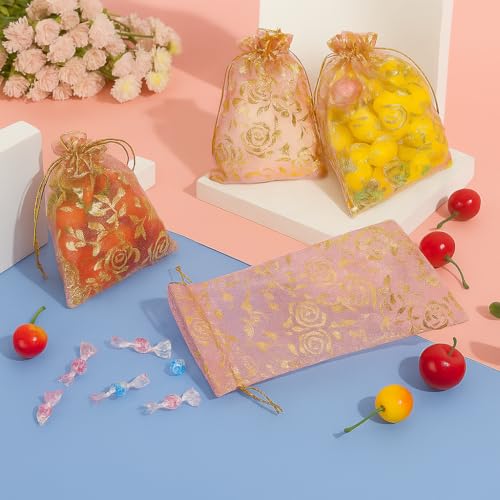 Image of XCLUSY 50PCS (13X18CM)(5x7 inchINCH) Potli Bags for Gifting - Multipurpose Wedding Return Gift Bags | Party Favour, Birthday, Anniversary, Festive Packing Pouches | Organza, Cloth, Brocade, Fancy Luxury Goodie Bags (LIGHT PINK PRINTED, 1 Count(Pack of 50))