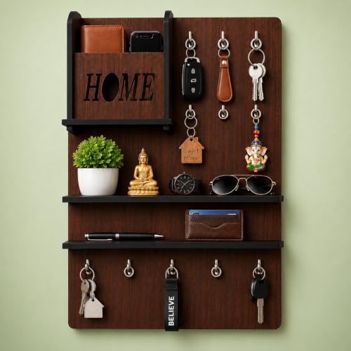 Wooden Key Holder for Wall with Storage Shelf | Wall Mounted Key ...