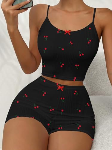 Image of Hilinker Womens Graphic 2 Piece Pajama Set Summer Cute Crop Cami and Shorts Ribbed Lounge Sets