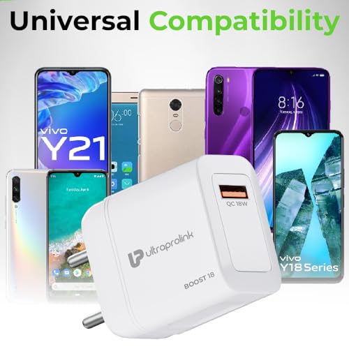 Image of UltraProlink | 18W QC 3.0 Fast Charge | Smart IC & Auto Detect Compatible with Vivo, iQoo, Redmi, Samsung & Xiaomi | 1m Type C Cable | White | UM1340