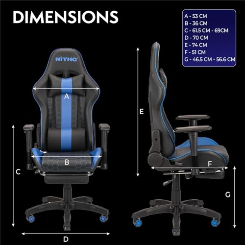 Image of NiTHO ACE Gaming Chair with Foldable Footrest | Ergonomic Reclining Computer Desk Chair with Head & Lumbar Pillows, Adjustable Armrests, 135 Tilt, Swivel Office Chair for Gaming or Home Office, Blue