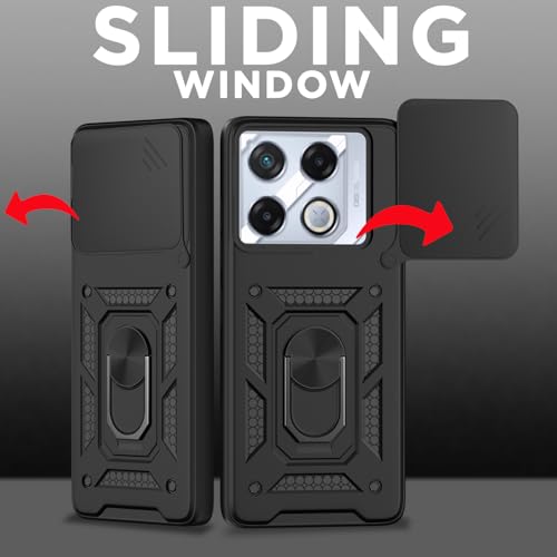 Image of Pikkme Back Cover for Infinix GT 20 Pro 5G | 360 Protection Case | Sliding Camera Shield Cover & Ring Holder Stand D10 Tough Armor Bumper Case (Black)