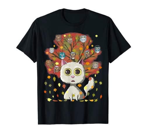 Kawaii Cat Owl Coffee Lover Otoño Hojas Otoño Acción de Gracias Camiseta