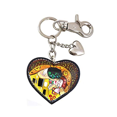 Porte-clés en cuir peint à la main Klimt, artisanat d'art avec mousqueton coeur