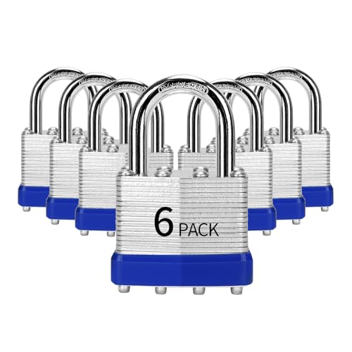 Image of Padlocks Keyed Alike, Pack of 6, Laminated Steel Keyed Lock (1-9 /16 inch, 40mm), Padlocks with Same Key, Normal Sized Hardened Shackle, for Toolbox, Locker & Storage Unit, and More