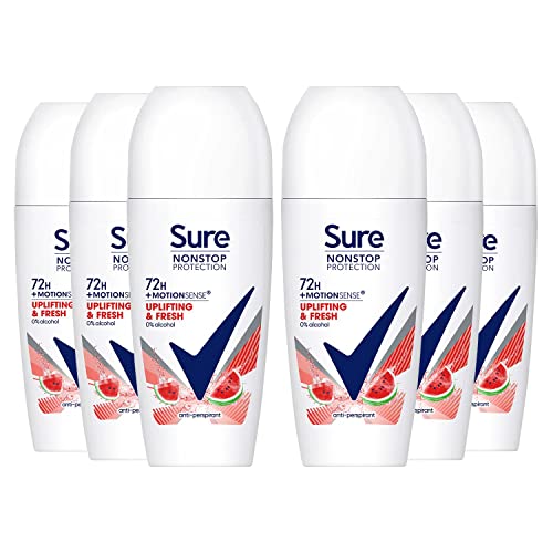 Sure Women 72H Motion Sense Antiperspirant Deodorant Roll-on with 0% Alcohol Nonstop Odour Protection, Uplifting & Fresh 50ml (Pack of 6)