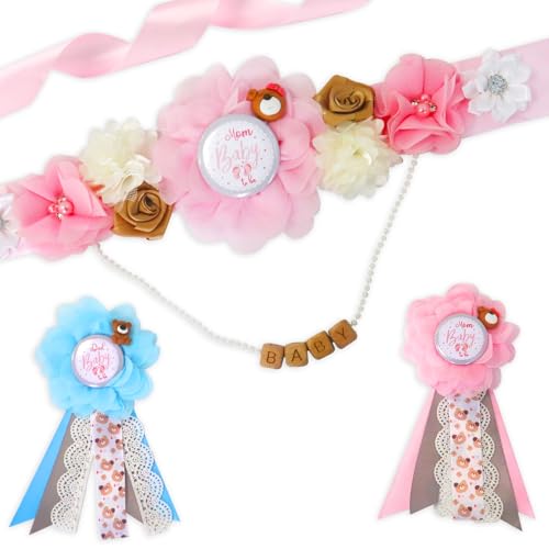 Blinket Pink Blue Bear Maternity Sash Corsage Set – Floral Baby Shower Sash with Mom to Be Pins Pearl BABY Letter Chain for Gender Reveal Party Decorations and Pregnancy Photoshoot