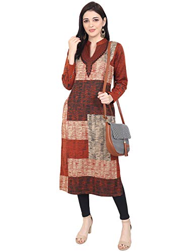 Image of Rosary Women's Embroidered Woolen Kurti with Pockets Warm Full Sleeve Winter Wear