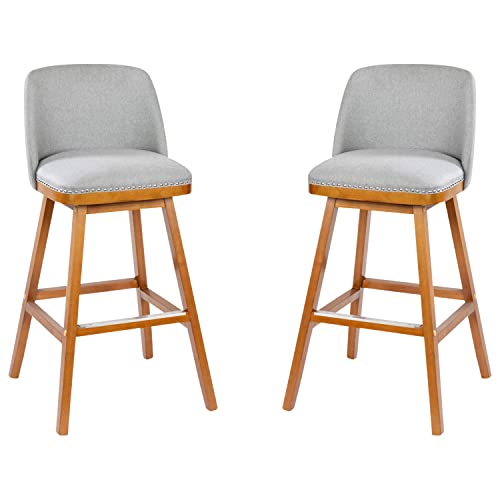 Flash Furniture Julia Set Of 2 Transitional Bar Stools - Gray Faux Linen Upholstery - Silver Nailhead Trim - 30 Inch - Walnut Finish Wood Frames #TOP2