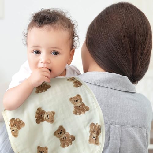 LifeTree Muslin Baby Burp Cloths - 2 Pack 70% Viscose from Bamboo and 30% Cotton Large 22'' by 10'' Absorbent Milk Spit Up Rags - Burping Cloths for Newborn, Girls Boys, Bear and Checkered3