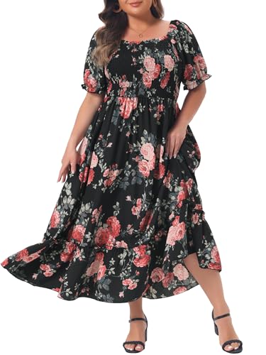 Image of Agnes Orinda Plus Size Dress for Women Short Sleeve Shirred Square Neck Floral Maxi Long Dresses