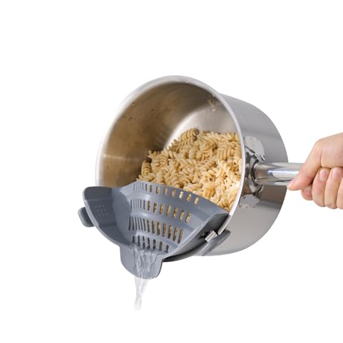S&F Homes Silicone Clip On Strainer for Pots and Pans - Heat Resistant, Food, Noodle, Meat, Fruits, Vegetables and Pasta Strainer - Versatile Kitchen Gadget and Colander (Gray)