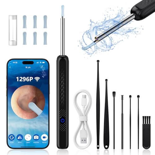 GlasFlength Otoscopio Limpiador de Oidos, 1296P HD 3,6mm Limpiador Oídos WiFi Limpia Oidos Kit con 6 Luces LED Ear Cleaner Adultos para Eliminación de Cerumen compatible con Android e IOS (Negro)