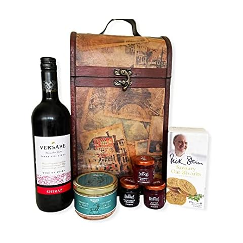 The Premium Clarendon Vintage Wooden Wine Chest Gift Food Hamper Includes 750ml Versare Red Wine - Gift Ideas for Mum, Dad, Fathers Day, Valentines, Mother's Day, Birthday, Anniversary, Business and Corporate, him, her Cover