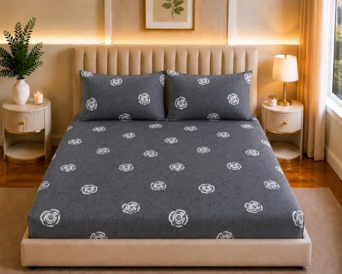 Image of Castiqa Elastic Fitted Supersoft Premium Polycotton 200TC King Size Bedsheets with 2 Pillow Covers | No Slip Bedsheet | (Gray Petals, King (72x78 Upto 10 inch Mattress))