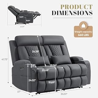 Zero Wall Hugger Power Reclining Loveseat with Adjustable Headrest, Fabric Electric Recliner Sofa with USB & Type-C Ports, Dual Cup Holders, 2-Seater Couch for Living Room, RV, Home Theater (Gray)