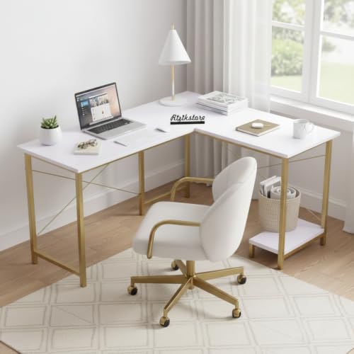 Image of RIZIK Store L-Shaped Computer Desk | 50-Inch Corner Gaming & Study Table with Engineered Wood Top, Metal Frame & CPU Shelf | Writing Workstation for Bedroom, Office & Small Rooms (White Gold)