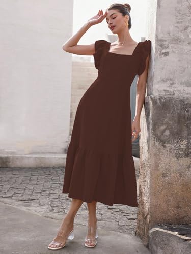 Image of Sugathari Girl's & Women's Solid Color Square Neck, Ruffle-Trimmed Hem Sleeveless, Ruffle Armhole and Casual Dress with Cinched Waist Vacation Outfits Woman (Dress 176)