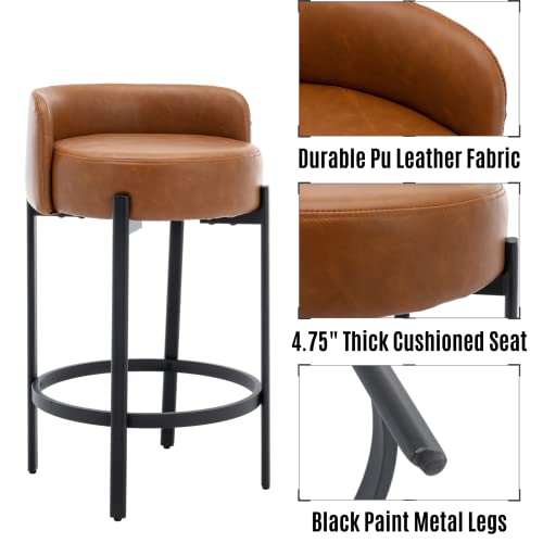 Image of LukeAlon Modern PU Leather Counter Height Stools Set of 4, Upholstered 26 inch Seat Height Barstools with Black Metal Legs Round Low Back Kitchen Stools with Footrest for Dining Room Small Places, Brown