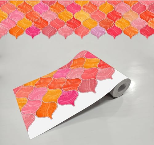 Image of WallDesign Mosaic Lantern Red Orange Shades - 4 in X 10 Feet Self-Adhesive Wallpaper Border Sticker for Kitchen Backsplash, Furniture, Wall, Cupboard, Staircase
