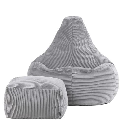 Icon Dalton Sitzsack mit Hocker Cord, Grau, Gaming Sitzsack Erwachsene mit Füllung, Bean Bag, Cord Sessel, Lounge Sessel, Lounge Stuhl, Schlafzimmer, Wohnzimmer, Wohnzimmer Möbel