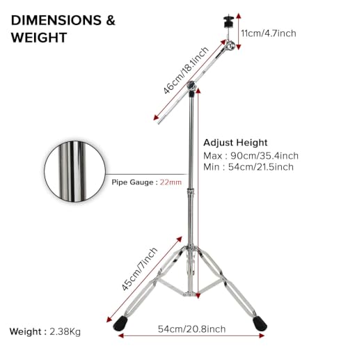 Image of Kadence CYH01 Home Series 2.4kg Cymbal Stand | Adjustable Boom Arm & Gear Tilter | Double-Braced Tripod | Foldable Design | Practice Ready | Chrome Finish
